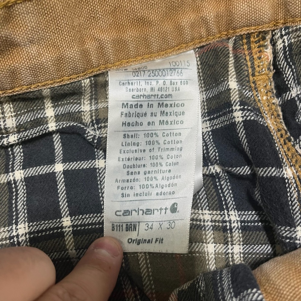 VTG Carhartt Carpenter Pants Tan 34x29 Distressed Faded Flannel Lined B111‎ BRN - Picture 7 of 16